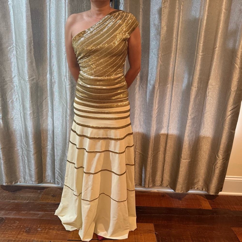 Herve Leger Gold One Shoulder Dress - Picture 2 of 13